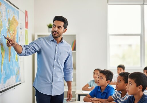 Teacher pointing at a world map while teaching students in a classroom