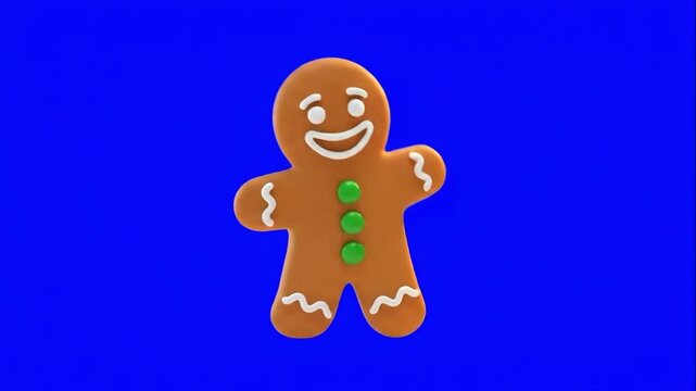 Gingerbread man cookie character with white icing and green buttons against a blue screen. Suitable for holiday, greeting, celebration, banner, promotion, project.