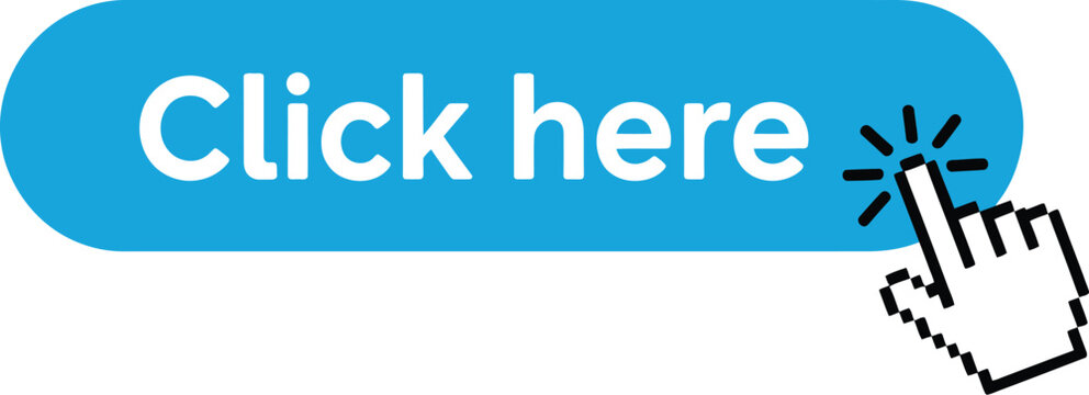 Click here button with hand cursor icon, interactive web interface symbol for website navigation, user action, online buttons, digital UI and app design