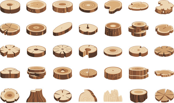 Various round wood slices and stumps for rustic decorative design accents.
