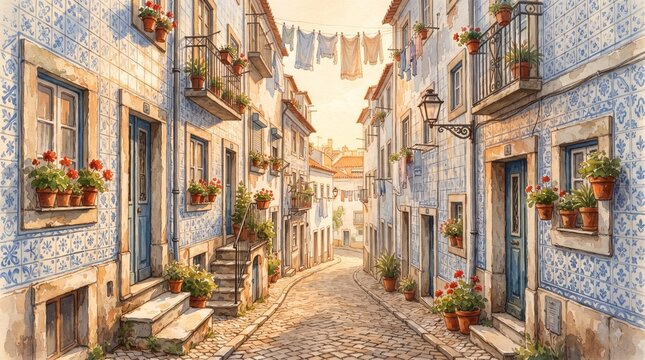 Traditional Blue Azulejo Tiled Alley in Old Portuguese Town, Watercolor Illustration