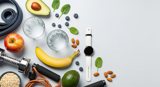 A white Fitbit smartwatch rests on a light gray surface surrounded by healthy food items and fitness equipment. A black resistance band is positioned to the left.