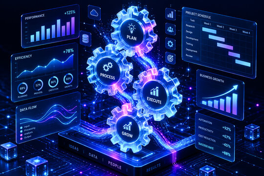 Glowing digital gears showing business workflow management with holographic data charts and modern analytical software interfaces.