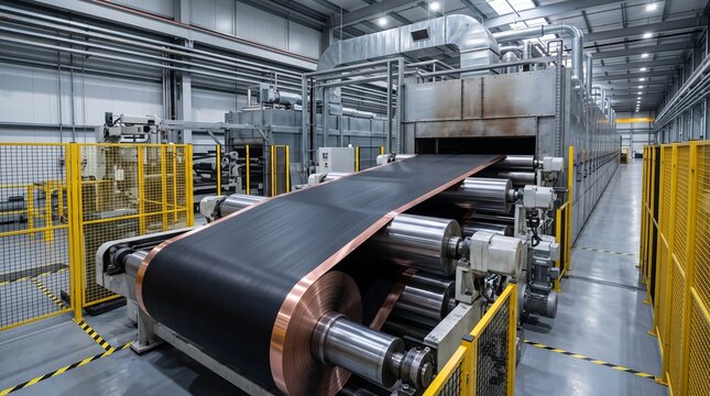 Industrial battery electrode coating line with copper foil processing in modern manufacturing facility