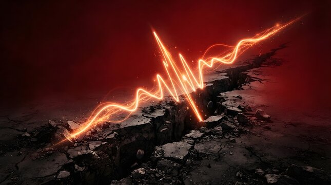 Earthquake Seismic Wave and Cracked Earth Surface. Seismic Activity Visualization with Ground Crack. Geological Disaster, Earthquake Risk and Natural Hazard Concept