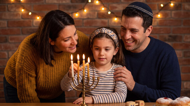 A happy Jewish family lighting the Hanukkah menorah together, sharing a joyful and traditional holiday moment at home with lights in the background.