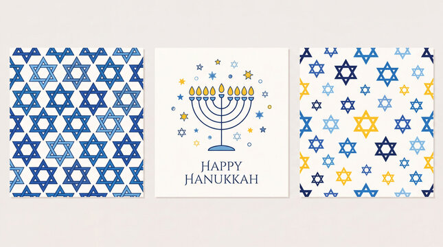 A set of three modern Hanukkah designs featuring a central menorah illustration and two seamless patterns of blue and yellow Star of David icons on white.