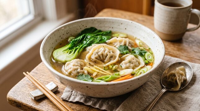Dumpling soup wonton broth Asian food hot bowl