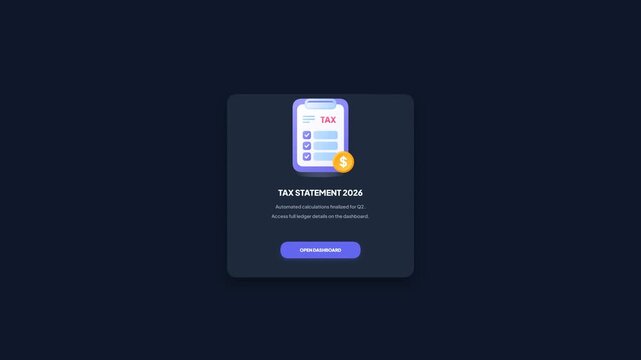 Animated Dark Mode Tax Statement Notification UI Card with Clipboard and Dollar Coin Icon for Finance App Interface