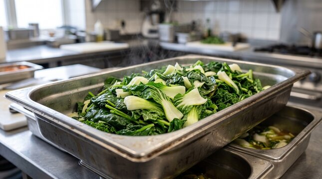 Green vegetables cooked stainless steel tray catering