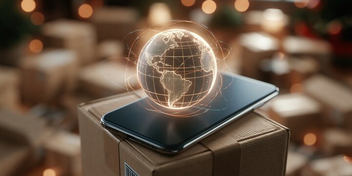 smartphone on cardboard box with holographic globe