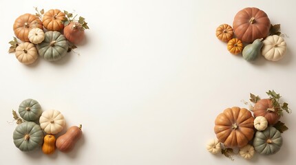 Obraz premium Bring the charm of the harvest season to your creative projects with this elegant autumn four-corners border background, featuring a beautifully curated arrangement of assorted mini pumpkins 