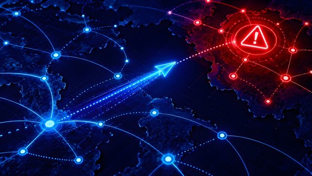 Cybersecurity network threat alert concept with digital airplane targeting red warning node on global map for data breach risk