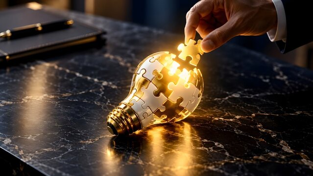 Businessman hand completing glowing golden puzzle lightbulb on marble desk abstract concept of business solution innovation and corporate strategy