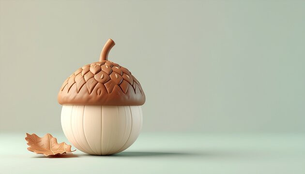 A cute 3D clay model of an acorn with a fallen leaf on a clean neutral background