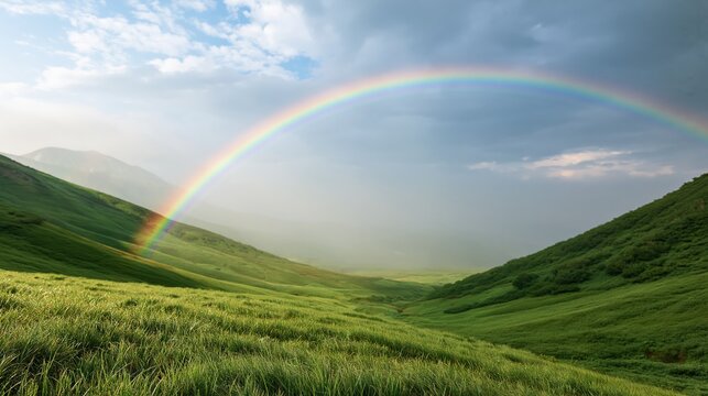 Vibrant rainbow arches over lush green rolling hills