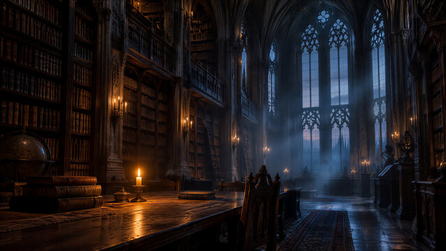 Atmospheric old gothic library with tall stained glass windows at dusk