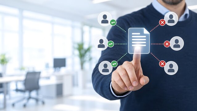 Corporate manager configuring digital document access control and sharing permissions on a virtual interface