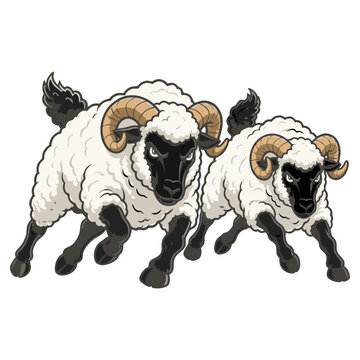 Vector illustration of two rams&mdash;a ram mascot in a charging pose&mdash;isolated on a transparent background.