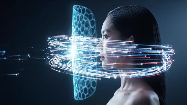 Cybersecurity Technology Woman Facing Glowing Digital Hologram Shield with Encrypted Data Rings and Futuristic Network Protection in Dark Environment