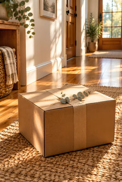 Cardboard box gift on a rustic rug decorated with eucalyptus warm sunlight