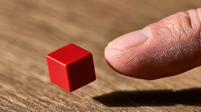 red cube floating above finger on wooden surface