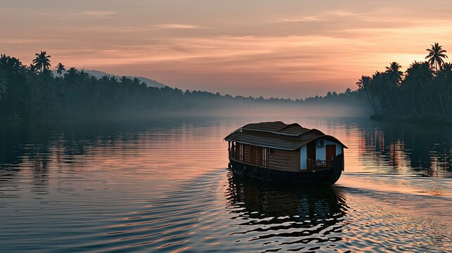 Wooden houseboat gliding on calm water during serene
