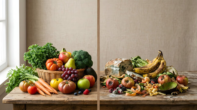Comparison of fresh healthy produce versus spoiled rotten food waste on a wooden table.