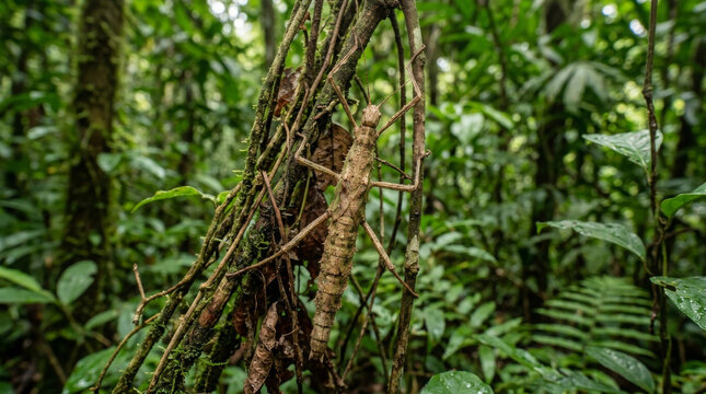 Stick insect camouflaged on a tree branch. Phasmid blending into the tropical jungle.