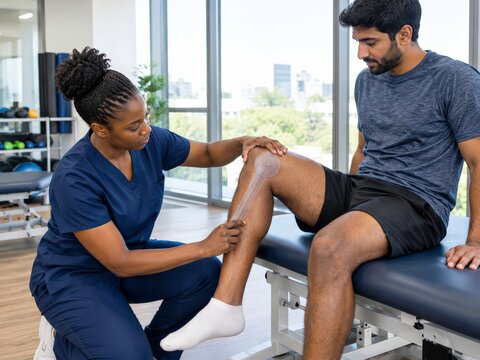 Black female physiotherapist measures knee flexion of South Asian man in rehabilitation clinic