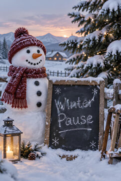 Charming Snowman with Winter Pause Sign Snowy Landscape Christmas Lights Mountain Village