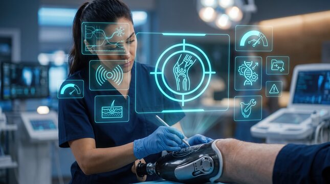 A female bionic integration specialist using a stylus to map nerve endings on a futuristic cyber prosthetic leg socket with floating holographic medical interfaces