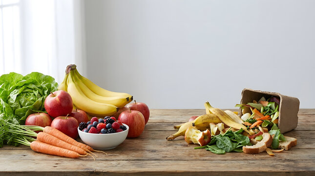 Fresh fruits and vegetables compared to organic food waste on a wooden table.