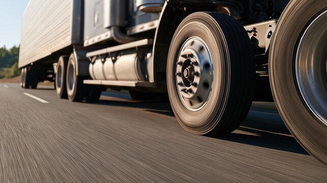 large semi truck wheels rolling on asphalt highway