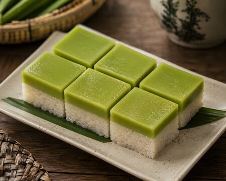 Traditional Kuih Seri Muka Pandan Custard Sticky Rice Cake Slices Concept for Southeast Asian Nyonya Dessert Photography

