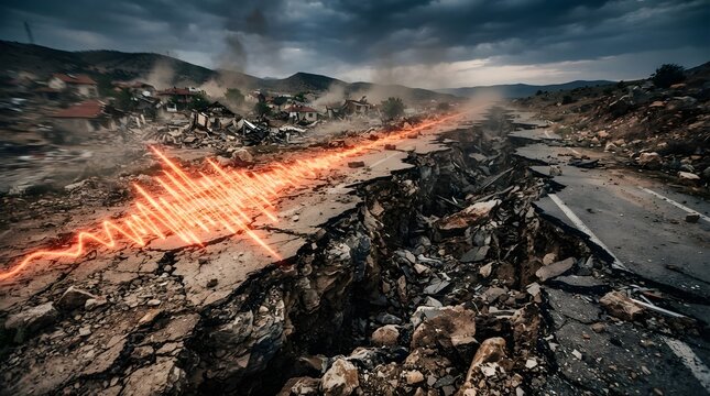 Earthquake Seismic Wave and Cracked Earth Surface. Seismic Activity Visualization with Ground Crack