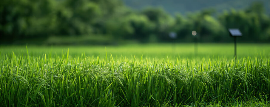 Rice field with green rice plants and solar sensors tracking water depth in natural agricultural landscape with blurred background