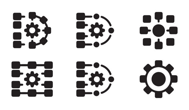 Diverse digital network nodes and system integration vector icons in solid black style.