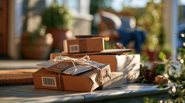 Stacked cardboard packages with twine on wooden table