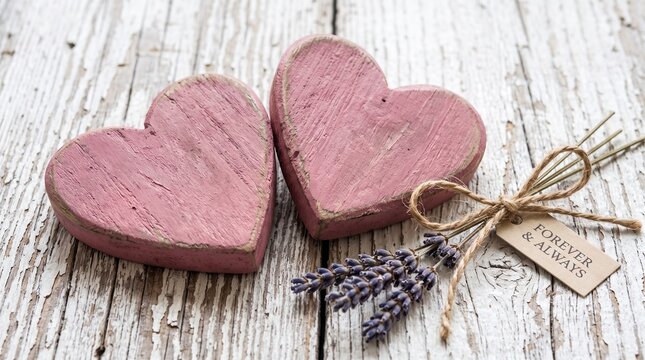 Rustic wooden hearts and aromatic dried lavender with a heartfelt 'Forever & Always' message, set against a charming distressed white background, symbolizing enduring love