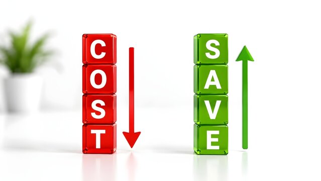 Stack of red blocks spelling COST with a downward red arrow and stack of green blocks spelling SAVE with an upward green arrow symbolizing cost