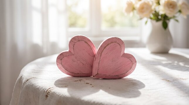 Two rustic pink wooden hearts with delicate roses and lace for Valentine day wedding and romantic love concept