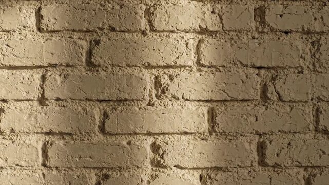 Textured brick wall surface captured in cinematic video motion featuring dramatic light transitions moving across the dusty tan masonry blocks
