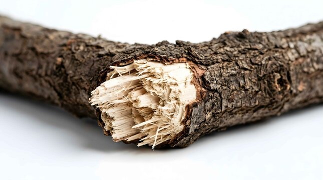 Broken wooden log with rough bark and splintered fibers on white background