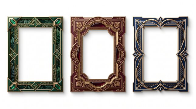 Art Deco picture frames collection with 3 ornate borders, vintage emerald green and gold frames on white background, luxury antique metallic frame set for elegant wedding invitations and photos.