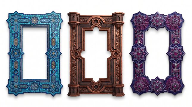 Ornate fantasy picture frames set with intricate carved details, antique magical border collection in blue bronze and purple, decorative mystical frames for gaming UI and digital art displays
