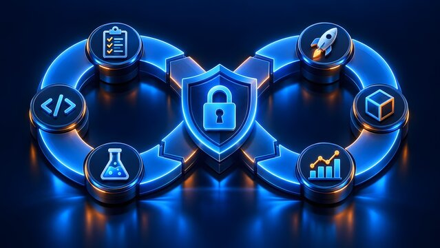 DevOps pipeline with security coding testing deployment and analytics icons forming an infinity loop symbolizing continuous integration and delivery.
