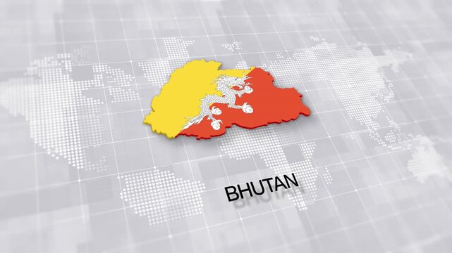 Bhutan map with national flag on white digital world map background, global political, geographic border for international news concept with minimal background
