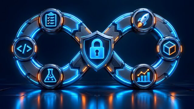 DevOps infinity loop with security shield coding checklist rocket cube and graph icons representing continuous integration and delivery