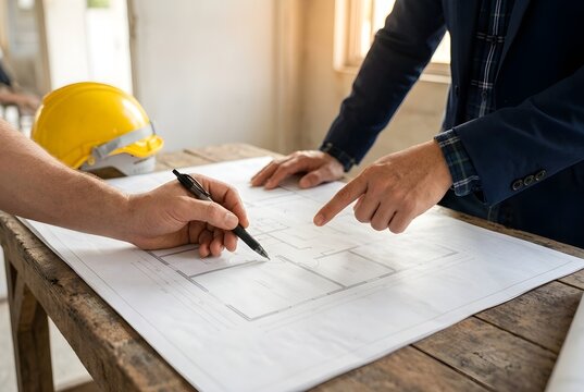 Professional architects and engineers reviewing technical blueprints and floor plans on a wooden table at a construction site